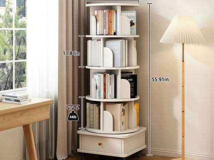 Rotating Bookshelf With Wheels And Drawer, 360° Spinning Design, Space Saving Storage