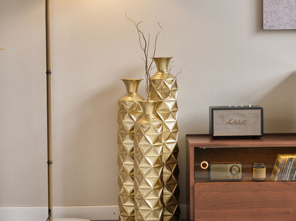 Metal Decorative Vase High Distress Metal Center Vase With 3D Triangle Pattern, (Set of 3) Vases For Home Decoration - Gold
