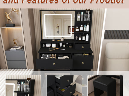 Vanity Desk With Mirror, 3 Color Lighting And Stool