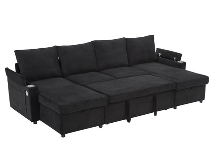U Shaped Sectional Sofa Bed With Storage Chaise Lounges, USB Ports, And Cup Holders