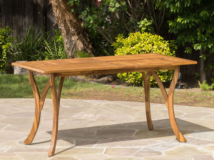 Outdoor Rectangular Table With Curved Legs And Perpendicular Wooden Slats Table Top