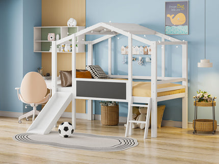 Loft House Bed With Ladder And Slide, With board And Light Strip On The Roof