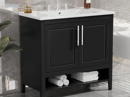 36" Bathroom Vanity With Sink, Frame Cabinet With Doors And Drawers - Black