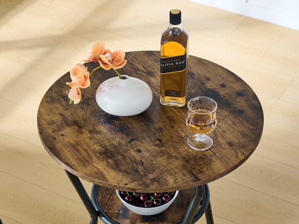 Rustic Brown Round Bar Table And Stool Set With Shelf, Upholstered Stool With Backrest - Antique Brown