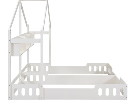 Twin Size Platform Bed With Shared Design, Guardrails, And Built In Shelves - Creamy White