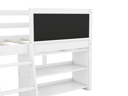 Low Loft Bed With Movable Shelves And Ladder, Decorative Chalkboard Guardrail