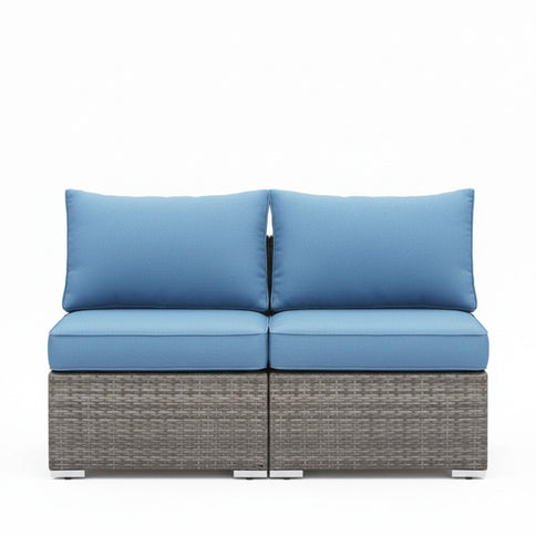 Armless Patio Sofa Set, With UV Resistant Frame And Waterproof Cushions - Blue / Brown