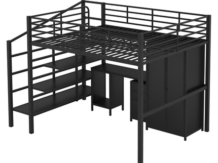 Full Size Loft Bed With Desk Set And Wardrobe - Black