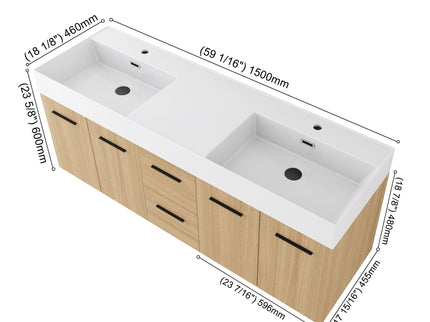 Floating Double Sink Bathroom Vanity Set With Tall Linen Cabinet, Drawers And Doors, Extra Large Storage, Integrated Sink, Soft Close Hardware - Glossy White / Light Oak