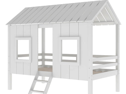 Twin Size Low Loft House Bed With Roof And 2 Front Windows - White