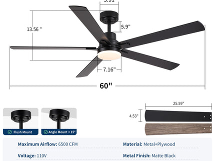 Ceiling Fan With Lights And Remot With Quiet DC Motor, 6 Speeds, Reversible Blades - Black