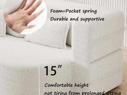 Modern Floor Sofa, With 2 Pillows, Convertible Teddy Fabric Foam Filled Bed