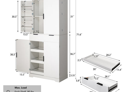 Fluted Kitchen Pantry Cabinet With 3 Keyboard Drawers & 6 Adjustable Door Shelves