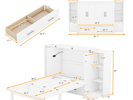 Murphy Bed With Shelves, Drawers And USB Ports