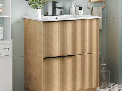 Fluted Bathroom Vanity With Ceramic Sink, Soft Close Slides