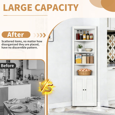 Tall Corner Storage Cabinet With 2 Doors, 5-Tier With Adjustable Shelves, Freestanding - White