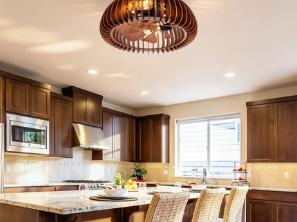 Semicircle Flush Mount Fan Light, (No Included Bulbs) And Remote Control, 6 Speeds, Quiet DC Motor For Living Room - Wood