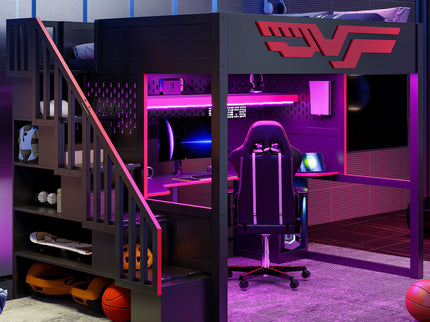 Full Gaming Loft Bed With Desk And Storage Staircase, LED Lights And USB - Red / Black