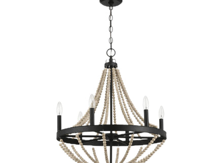 Starry - Chandelier 6 Candle Light Wood Beaded Pendant Light For Dining Room - Black / Clear