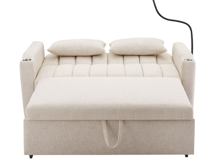 Convertible Sofa Bed Loveseat Sofa With Three USB Ports, Two Side Pockets, Two Cup Holders And 360° swivel Phone Holder For Living Room