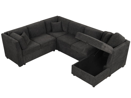 U-Shaped Sectional Sofa Pull Out Sofa Bed With Two USB Ports, Two Power Sockets, Three Back Pillows And A Storage Chaise For Living Room