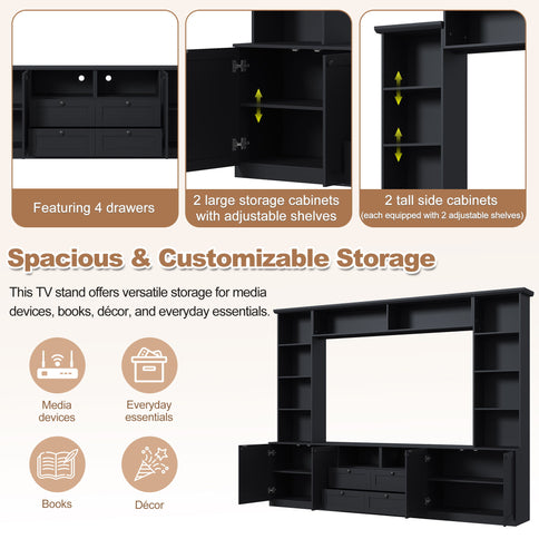 Farmhouse Elegant Entertainment Center Wall Unit With 4 Drawers