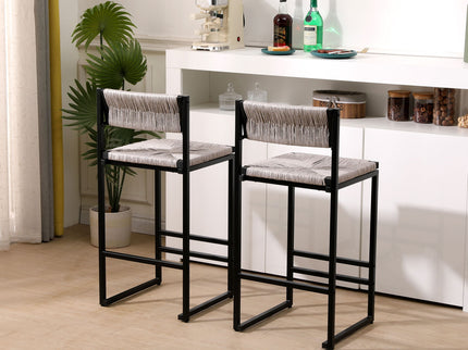 Bar Stools Paper Rope Weave Dining Chairs With Back Hand Weave Stools For Kichen Island, Bar & Counter (Set of 2)