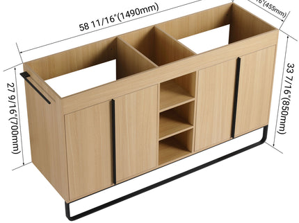 58" Freestanding Bathroom Cabinet With 4 Soft Close Doors & 3 Open Racks (Vanity Only, No Sink) - Oak