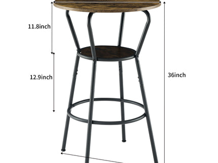 Rustic Brown Round Bar Table And Stool Set With Shelf, Upholstered Stool With Backrest - Antique Brown