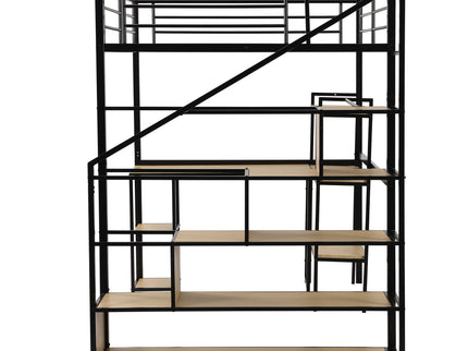 Full Size Loft Bed With Staircase, Built In Desk And Shelves And Sleeping Surface - Black