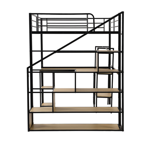 Full Size Loft Bed With Staircase, Built In Desk And Shelves And Sleeping Surface - Black