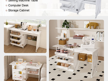 4 In 1 Folding Sewing Table With Lockable Wheels, Multi Functional Craft Station - White