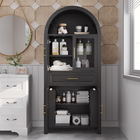 Arched Kitchen Pantry Cabinet With Adjustable Shelves & Barn Door Design
