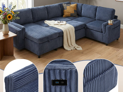 Convertible U-Shaped Sectional Sofa Bed With USB Ports And Storage