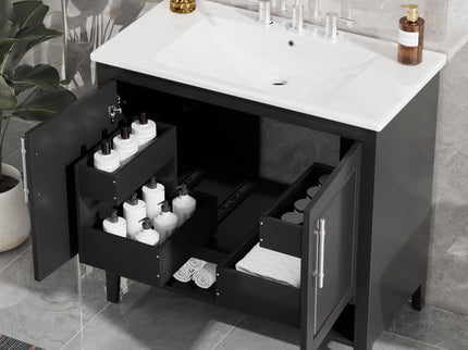 36" Bathroom Vanity With Sink, Frame Cabinet With Doors And Drawers - Black