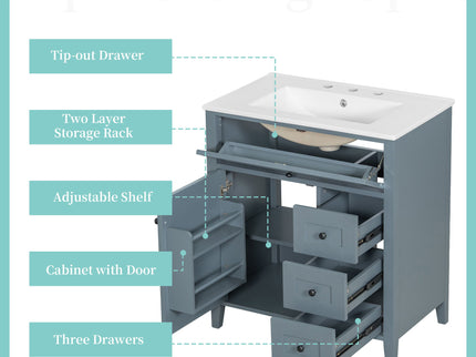 Bathroom Vanity With Sink, 3 Drawers And Adjustable Shelf
