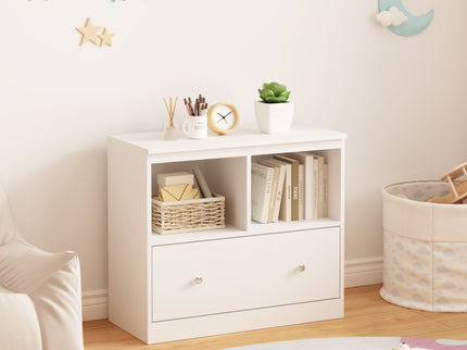Toy Storage Organizer With Large Drawer And Low Bookshelf For Nursery & Playroom - White