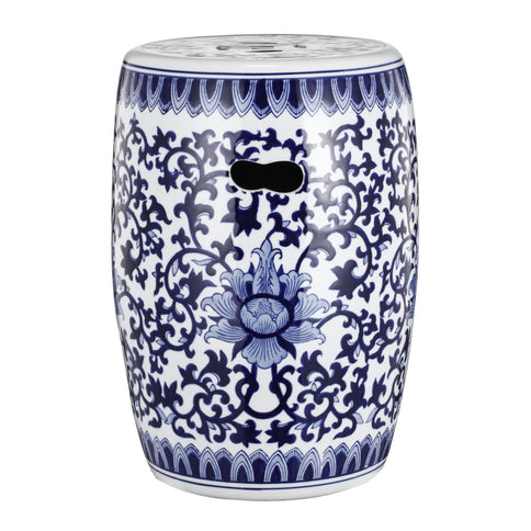 Ceramic Garden Stool, Small Side Tabel - White / Blue