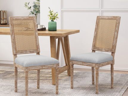French Country Dining Chair With Rectangular Cane Backrest And Smooth Upholstered Seating
