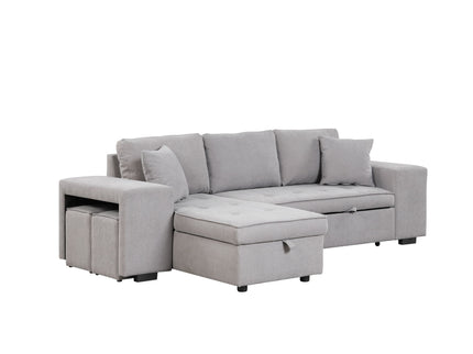 Modern L-Shape 3 Seat Reversible Sectional Couch, Pull Out Sleeper Sofa With Storage Chaise And 2 Stools For Living Room Furniture Set