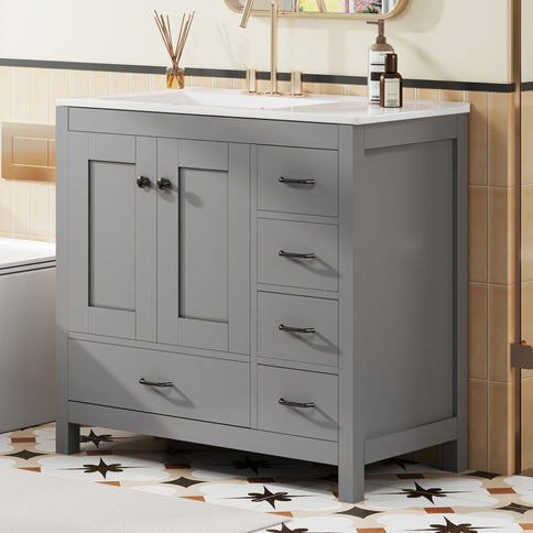 Bathroom Vanity With Ceramic Sink Combo, Abundant Storage Cabinet 2 Soft Close Doors And 5 Drawers