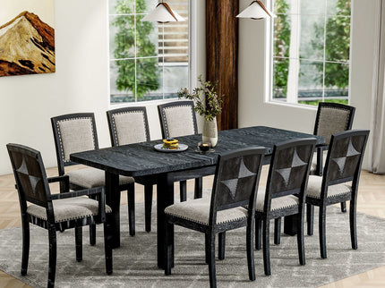 Topmax - Rustic Extendable Dining Table Set With Removable Leaf, 6 Upholstered Armless Dining Chairs And 2 Padded Arm Chairs, 9 Pieces