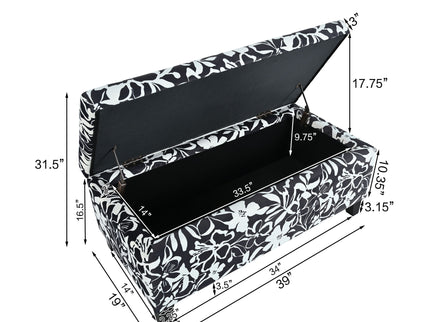 Luxury Storage Ottoman With Floral Patterned Fabric, Soft-Close Hinges, Multi Functional