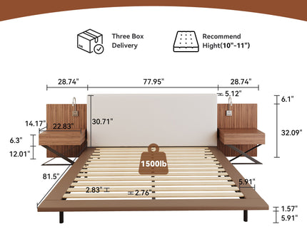 Floating King Size Bed With Integrated Side Tables And Smart Lighting - Beige Gray / White