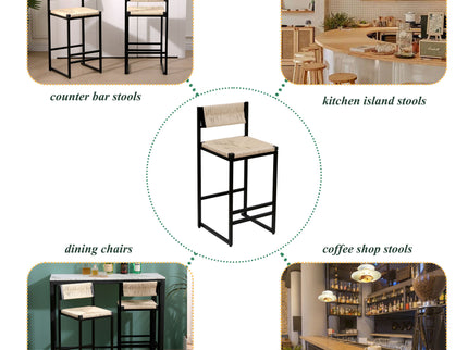Bar Stools Paper Rope Weave Dining Chairs With Back Hand Weave Stools For Kichen Island, Bar & Counter (Set of 2)