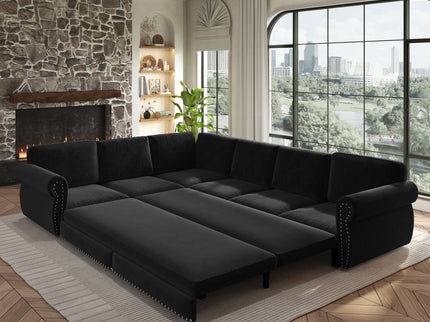 L-Shaped Sofa Couch With Pull Out Bed With Nailhead Trim & Rolled Arm