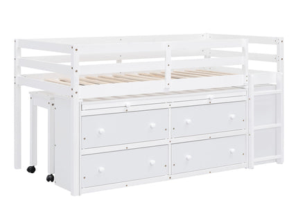 Loft Bed With Retractable Writing Desk And 4 Drawers, With Lateral Portable Desk And Shelves
