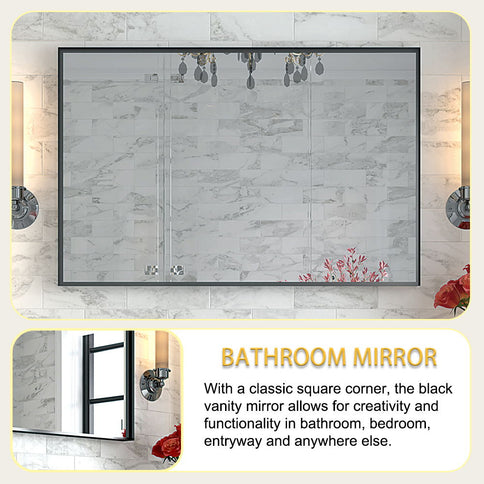 40X30" Glossy Bathroom Mirrors For Wall Rectangle Vanity Mirror Corner Hangs Farmhouse Mirror Modern Metal Framed Rectangular Mirror, Decorative Square Corner Mirror (Horizontal & Vertical) - Black
