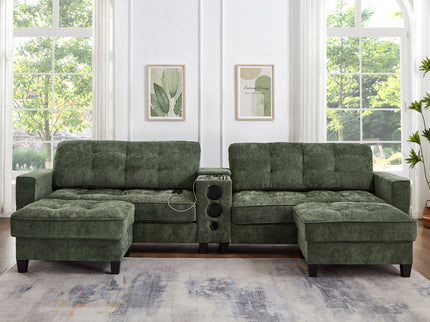 Modern Sectional Sofa U-Shaped With Movable Ottomans, tooth Speakers, LED Lights And Modular Storage