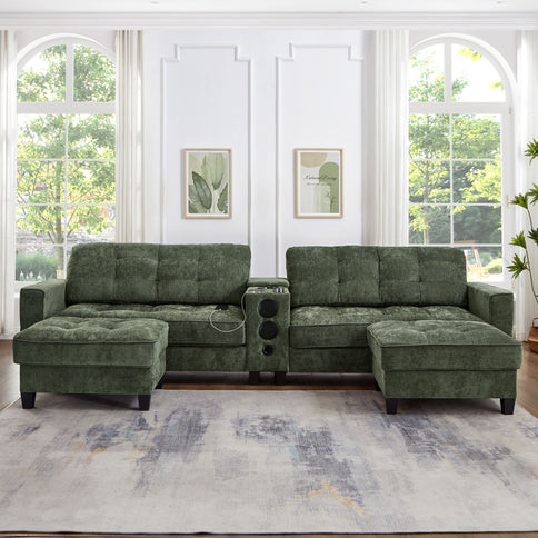 Modern Sectional Sofa U-Shaped With Movable Ottomans, tooth Speakers, LED Lights And Modular Storage